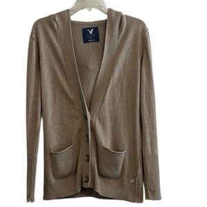 American Eagle Outfitters Cardigan Large Tan Cotton/Angora Rabbit Hair w/Hood